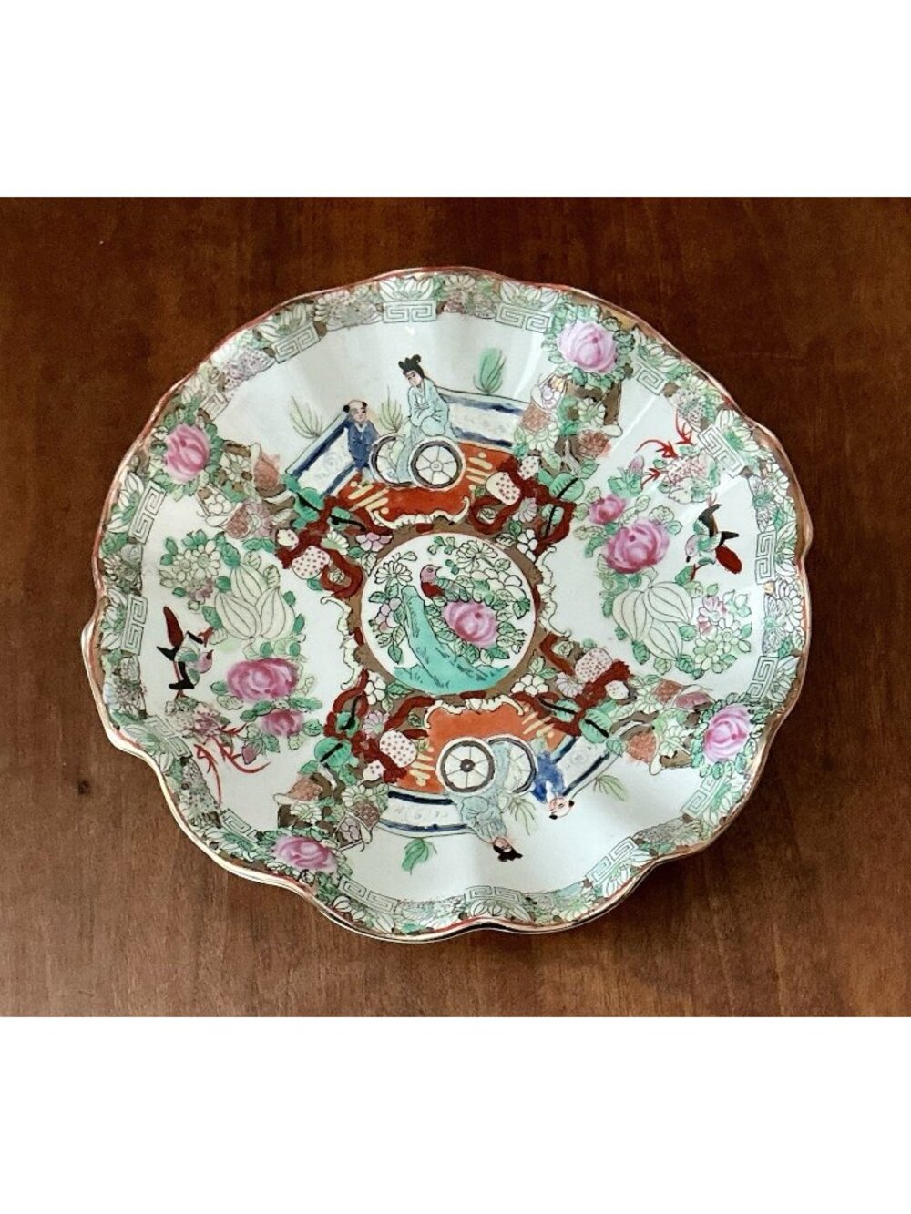 Vintage Chinese Famille Rose Fluted Bowl Courtyard Figures Birds Qianlong Mark